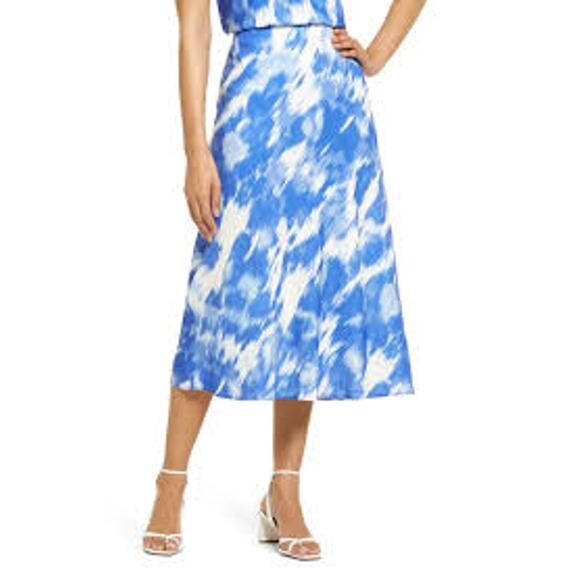 Halogen Bias Cut A-line Skirt In Blue Ivory Brush Wash NWT - Picture 1 of 5